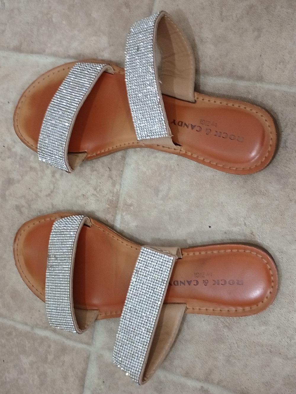 Rock & Candy Silver Crystal Double-Strap Slide Sandals